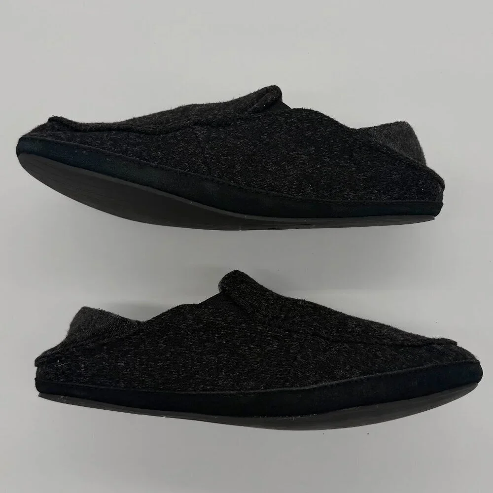 Olukai Moloa Hulu Slippers Mens 10 M Black Gray Wool Slip On Lounge Casual Shoes